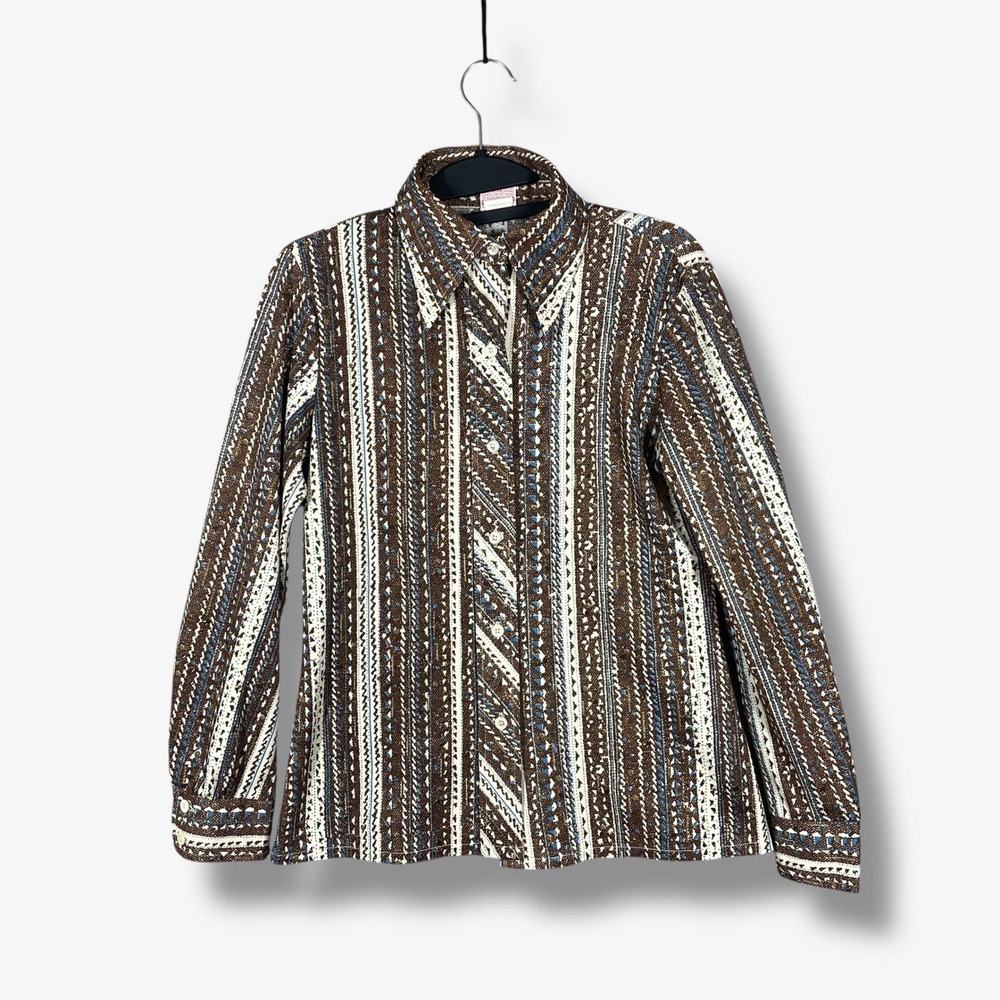 Vintage‎ 80s Bodini Knits Striped Button Down Blouse Womens 8 Maximalist Retro